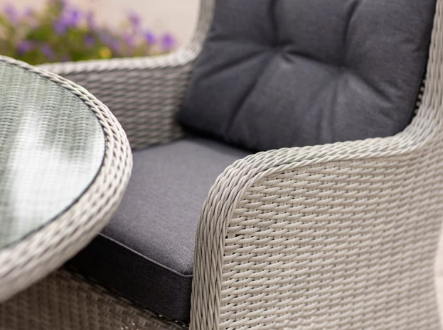 Chedworth Dove Grey Rattan 4 Seat Round Dining Set with Parasol & Base - Image 3