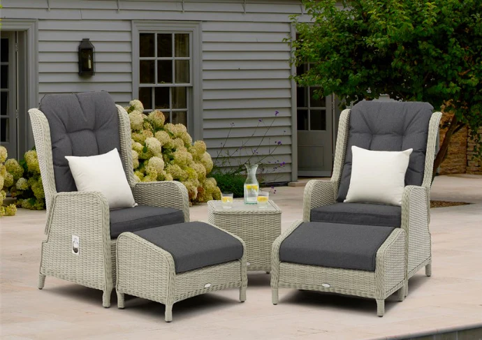 Chedworth Dove Grey Rattan Recliner Set with 2 Footstools & Side Table
