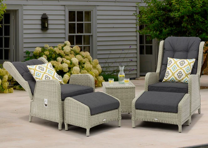 Chedworth Dove Grey Rattan Recliner Set with 2 Footstools & Side Table - Image 2